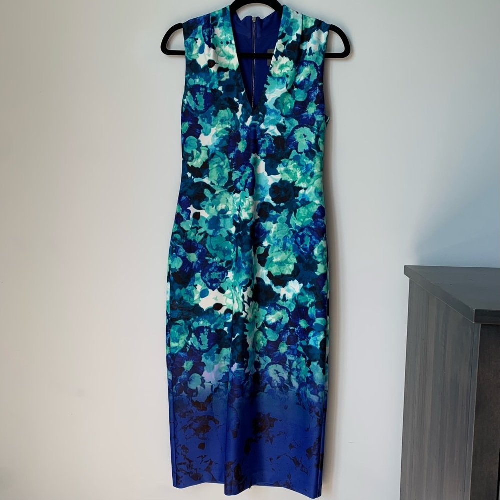 SZ 6 VINCE CAMUTO SLEEVELESS V-NECK LINED SHEATH MIDI DRESS BLUE GREEN TURQUOISE